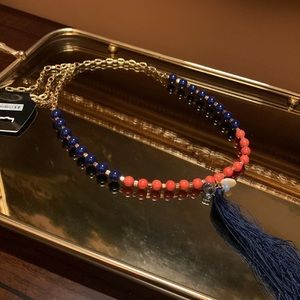 Long Coral, Navy and Gold Beaded Tassel Necklace